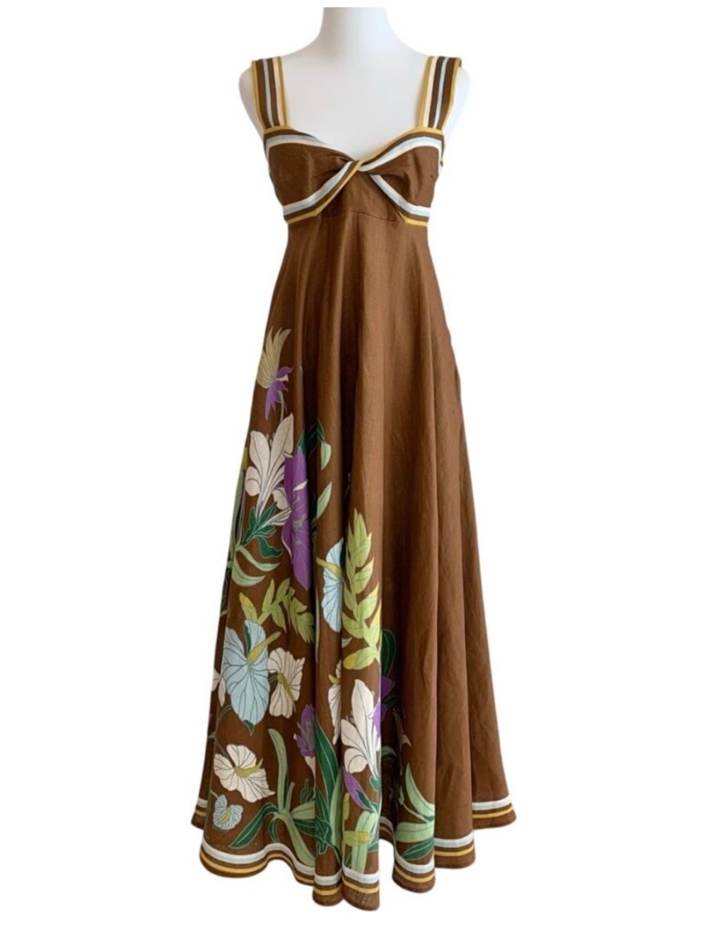 Alémais Alfie Twist Linen Brown Floral Midi Maxi Dress with Striped Trim NWT